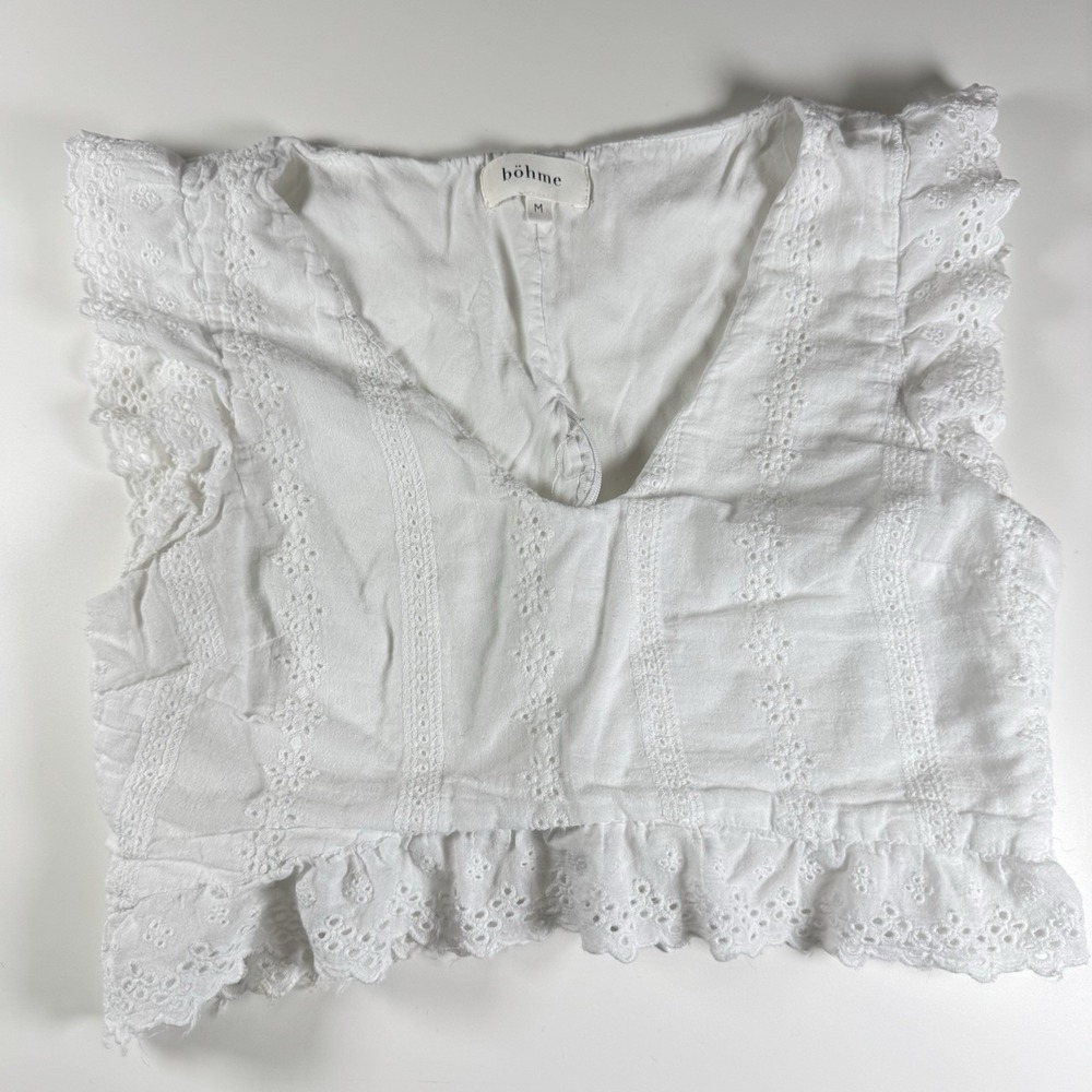 Bohme White‎ Embroidered Eyelet Lace Ruffle Sleeveless Peplum Crop Top Size M